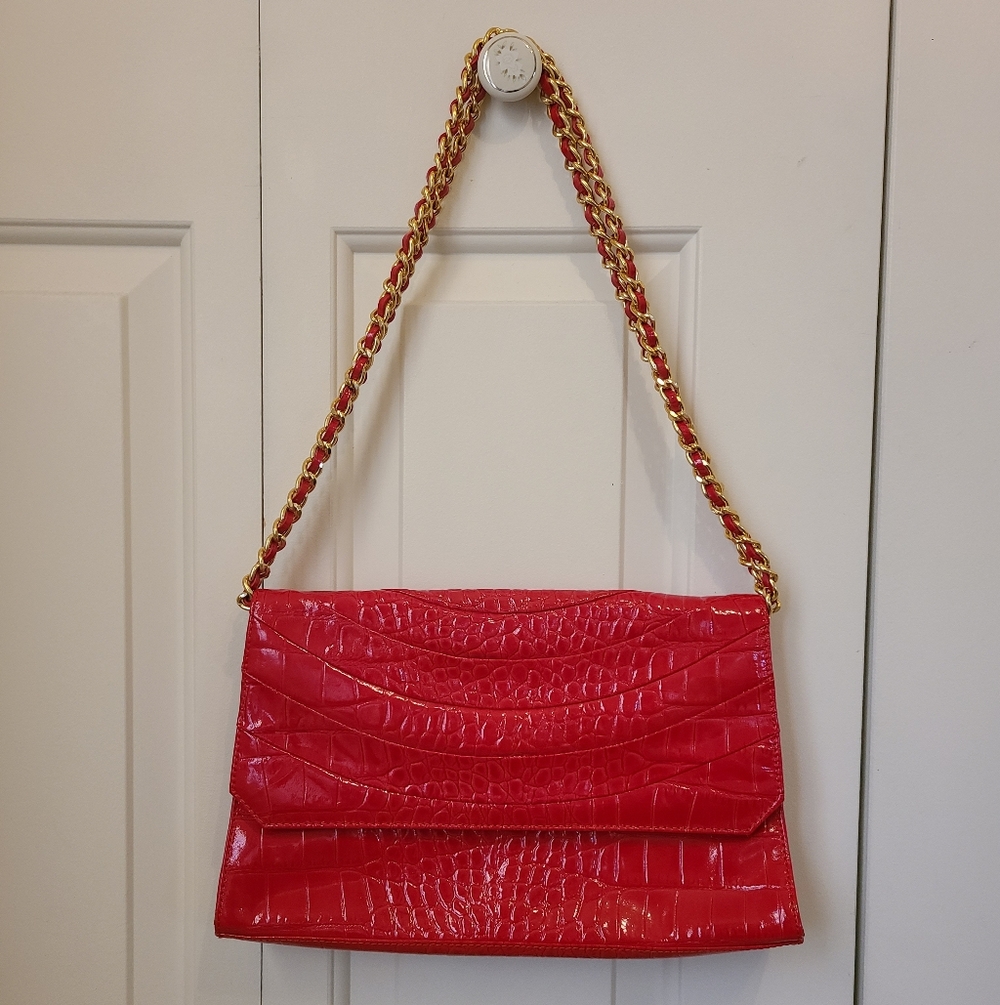 Vintage Saks Fifth Ave Black Label Red Crocodile Embossed Shoulder Bag